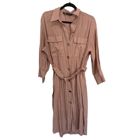 Zara Oversized Mauve Pink Shirt Long Sleeve Dress with Belt Size Large - Picture 2 of 7
